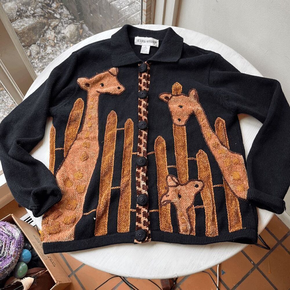 Vintage 90s Victoria Harbour Giraffe Cardigan Sweater Removable Collar